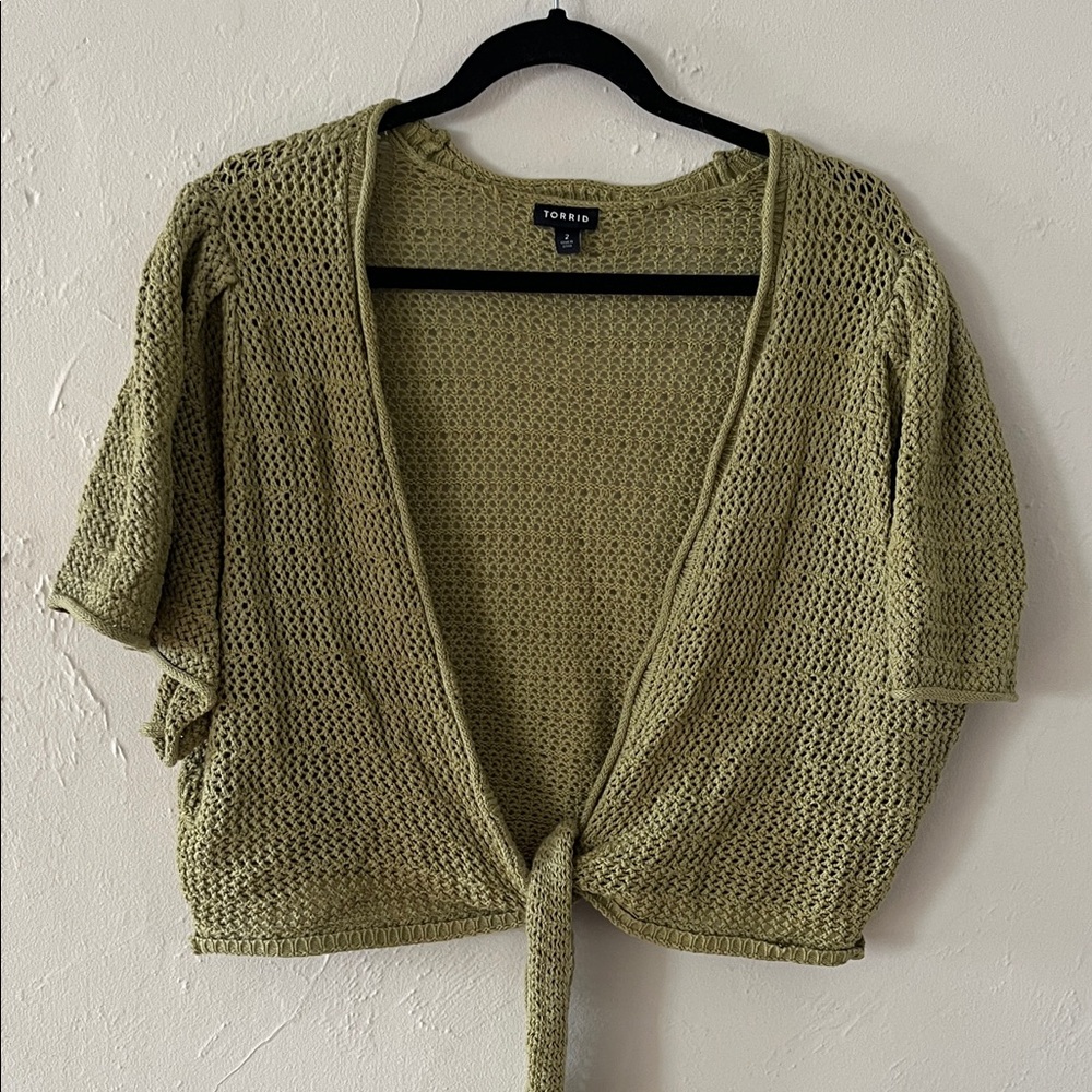 Torrid Olive Knit Cropped Front Tye Cardigan Sweater 100% Cotton